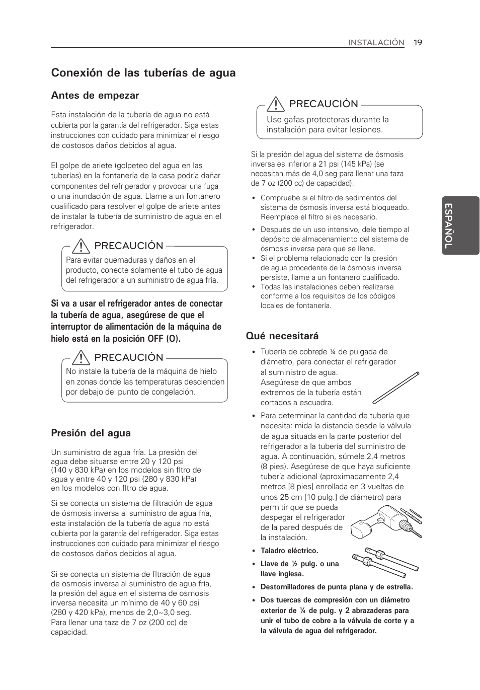 Conexión de las tuberías de agua, Precaución, Antes de empezar | Presión del agua, Qué necesitará | LG LFX25973ST User Manual | Page 131 / 172