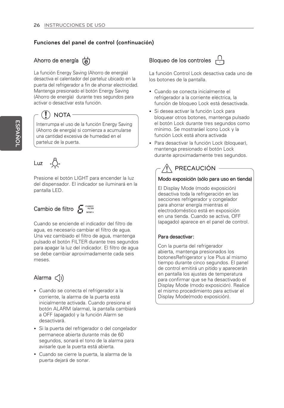 Funciones del panel de control (continuación), Nota, Precaución | LG LFX25973ST User Manual | Page 138 / 172