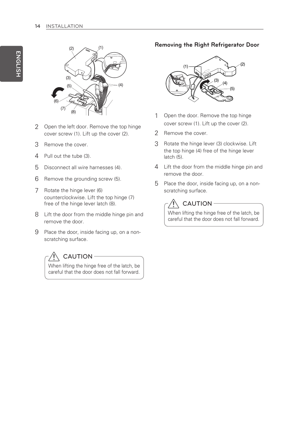 Caution, Removing the right refrigerator door 1 | LG LFX25973ST User Manual | Page 14 / 172