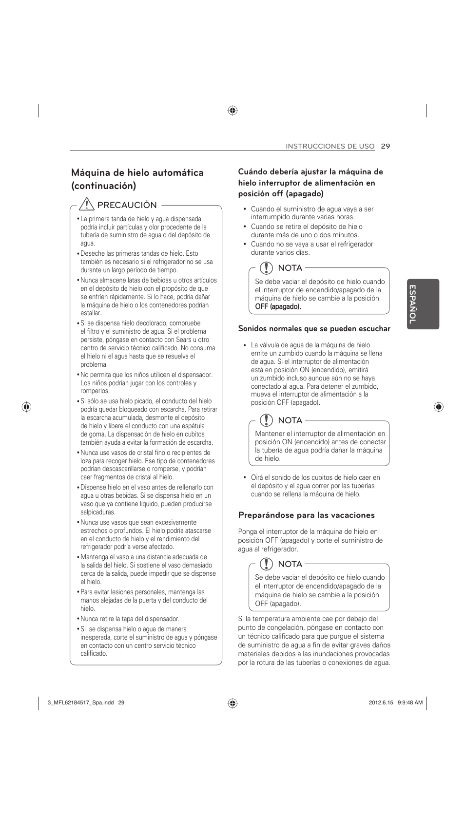 Máquina de hielo automática (continuación), Sonidos normales que se pueden escuchar, Preparándose para las vacaciones | Nota | LG LFX25973ST User Manual | Page 141 / 172