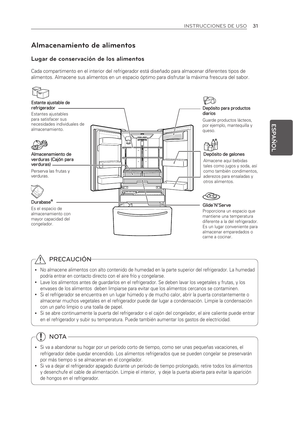 Almacenamiento de alimentos, Lugar de conservación de los alimentos, Precaución | Nota, Esp añol | LG LFX25973ST User Manual | Page 143 / 172