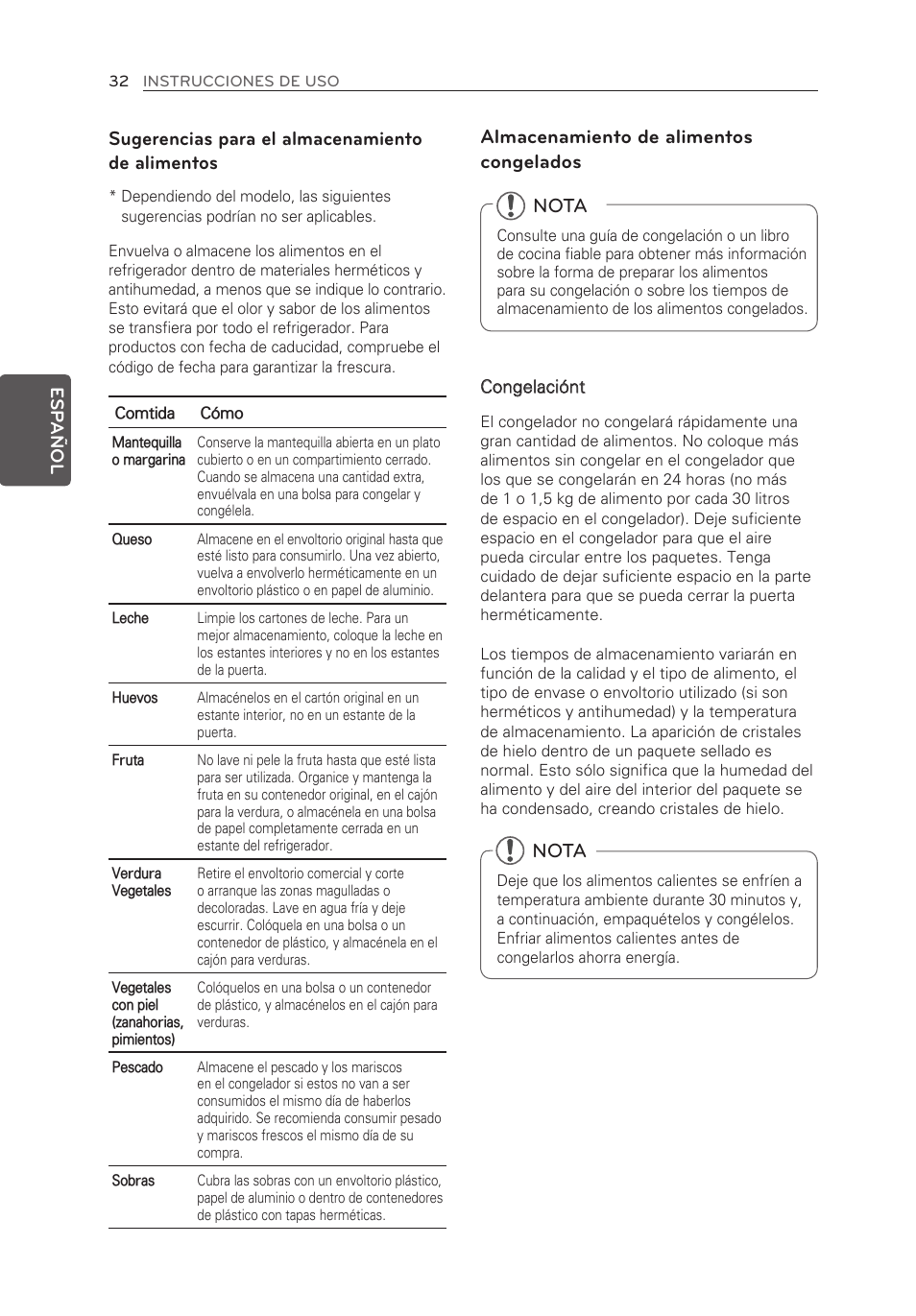 Sugerencias para el almacenamiento de alimentos, Almacenamiento de alimentos congelados, Nota | LG LFX25973ST User Manual | Page 144 / 172