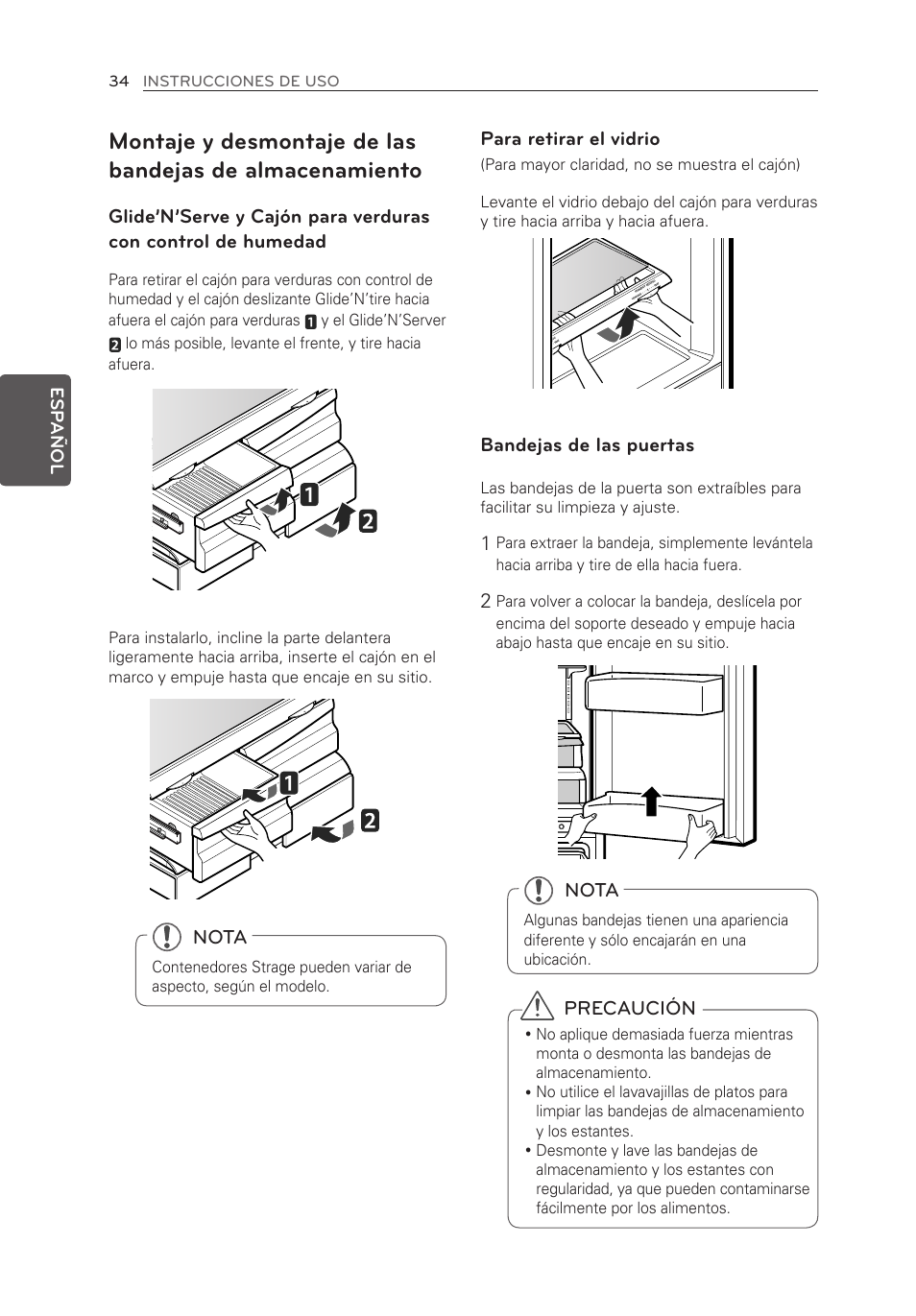 Para retirar el vidrio, Bandejas de las puertas, Nota | Precaución | LG LFX25973ST User Manual | Page 146 / 172