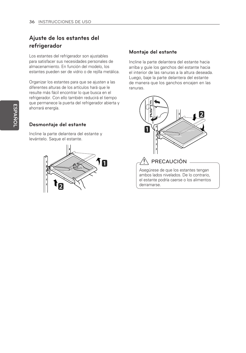 Ajuste de los estantes del refrigerador | LG LFX25973ST User Manual | Page 148 / 172