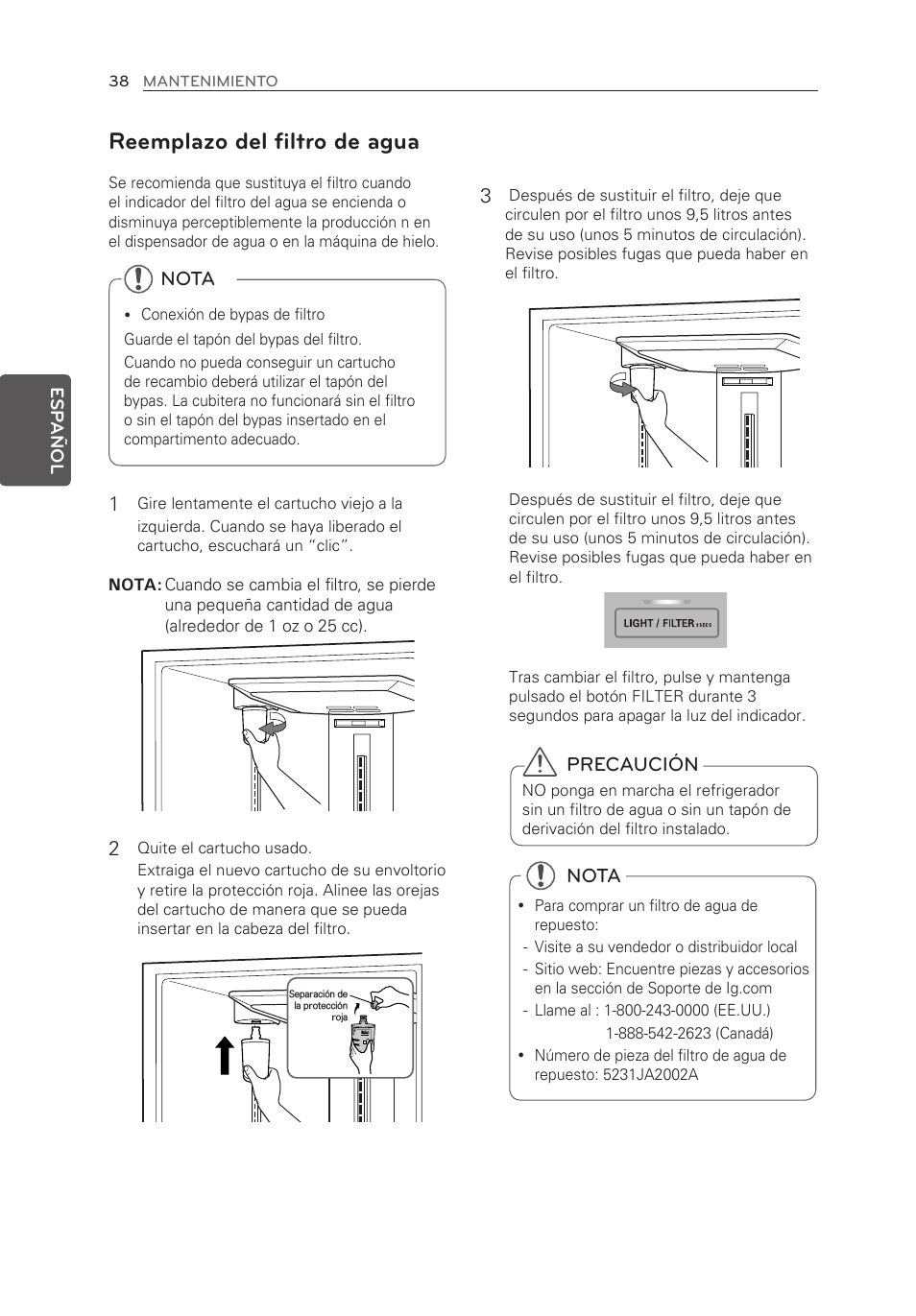 Reemplazo del filtro de agua, Precaución, Nota | LG LFX25973ST User Manual | Page 150 / 172