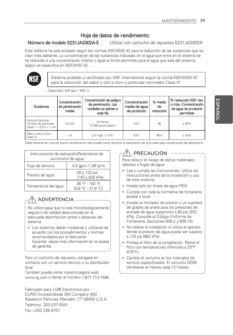 Hoja de datos de rendimiento, Precaución, Advertencia | Esp añol | LG LFX25973ST User Manual | Page 151 / 172