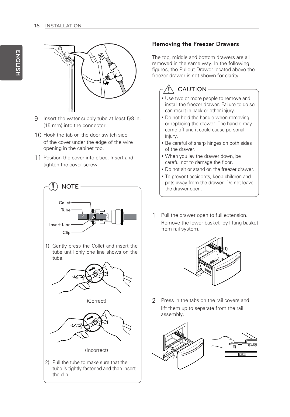 Caution, Removing the freezer drawers | LG LFX25973ST User Manual | Page 16 / 172