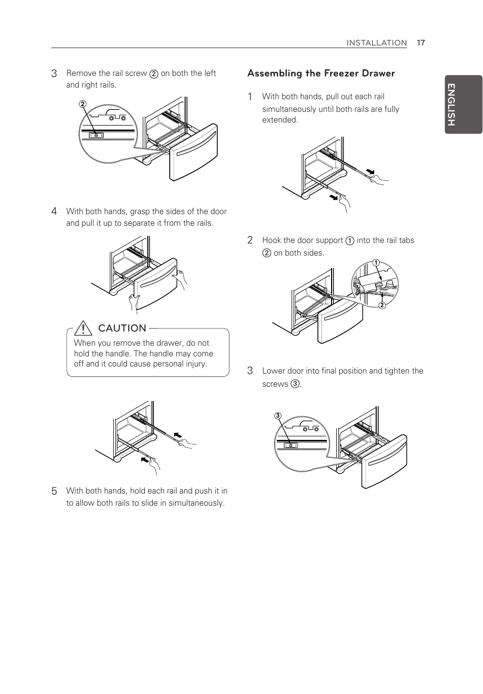 Assembling the freezer drawer 1, Caution | LG LFX25973ST User Manual | Page 17 / 172