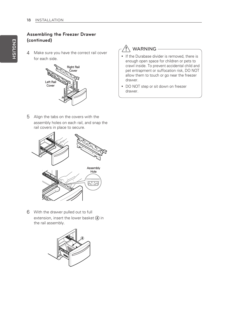 Assembling the freezer drawer (continued) 4, Warning | LG LFX25973ST User Manual | Page 18 / 172