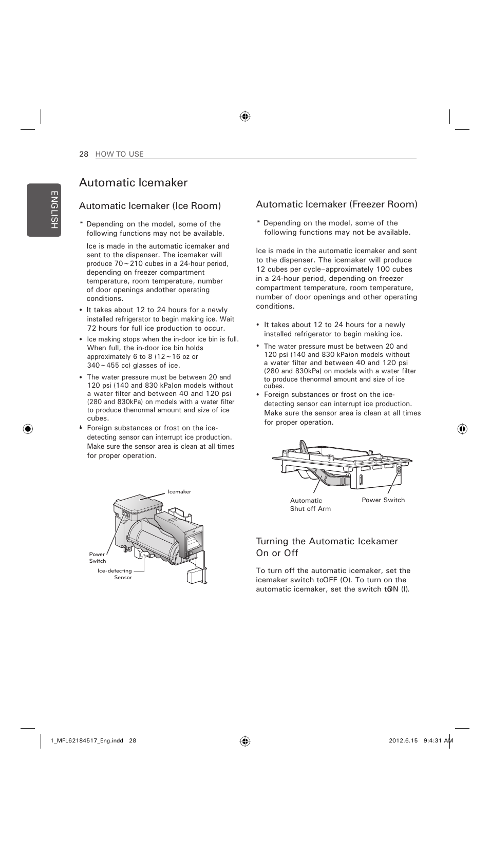 Automatic icemaker, Automatic icemaker (ice room), Automatic icemaker (freezer room) | Turning the automatic icekamer on or off | LG LFX25973ST User Manual | Page 28 / 172