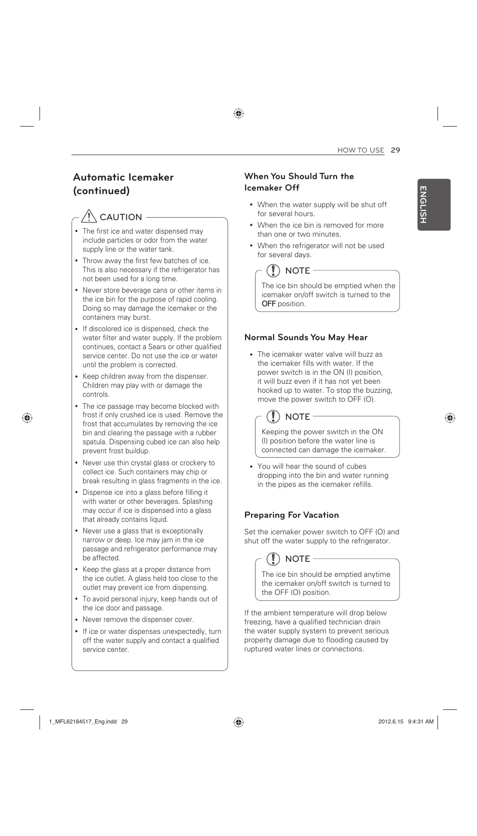 Automatic icemaker (continued), Caution when you should turn the icemaker off, Normal sounds you may hear | Preparing for vacation | LG LFX25973ST User Manual | Page 29 / 172