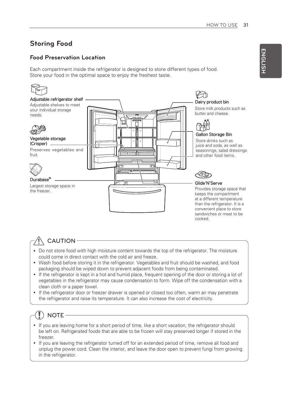 Storing food, Food preservation location, Caution | English | LG LFX25973ST User Manual | Page 31 / 172