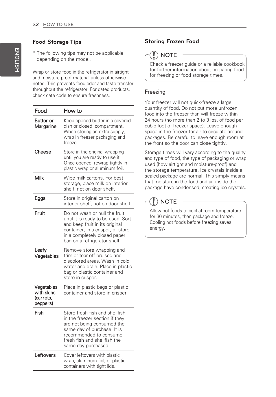 Food storage tips, Storing frozen food | LG LFX25973ST User Manual | Page 32 / 172