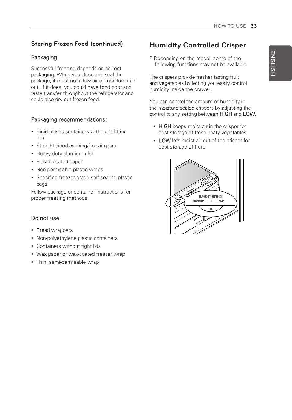 Humidity controlled crisper, Storing frozen food (continued) | LG LFX25973ST User Manual | Page 33 / 172