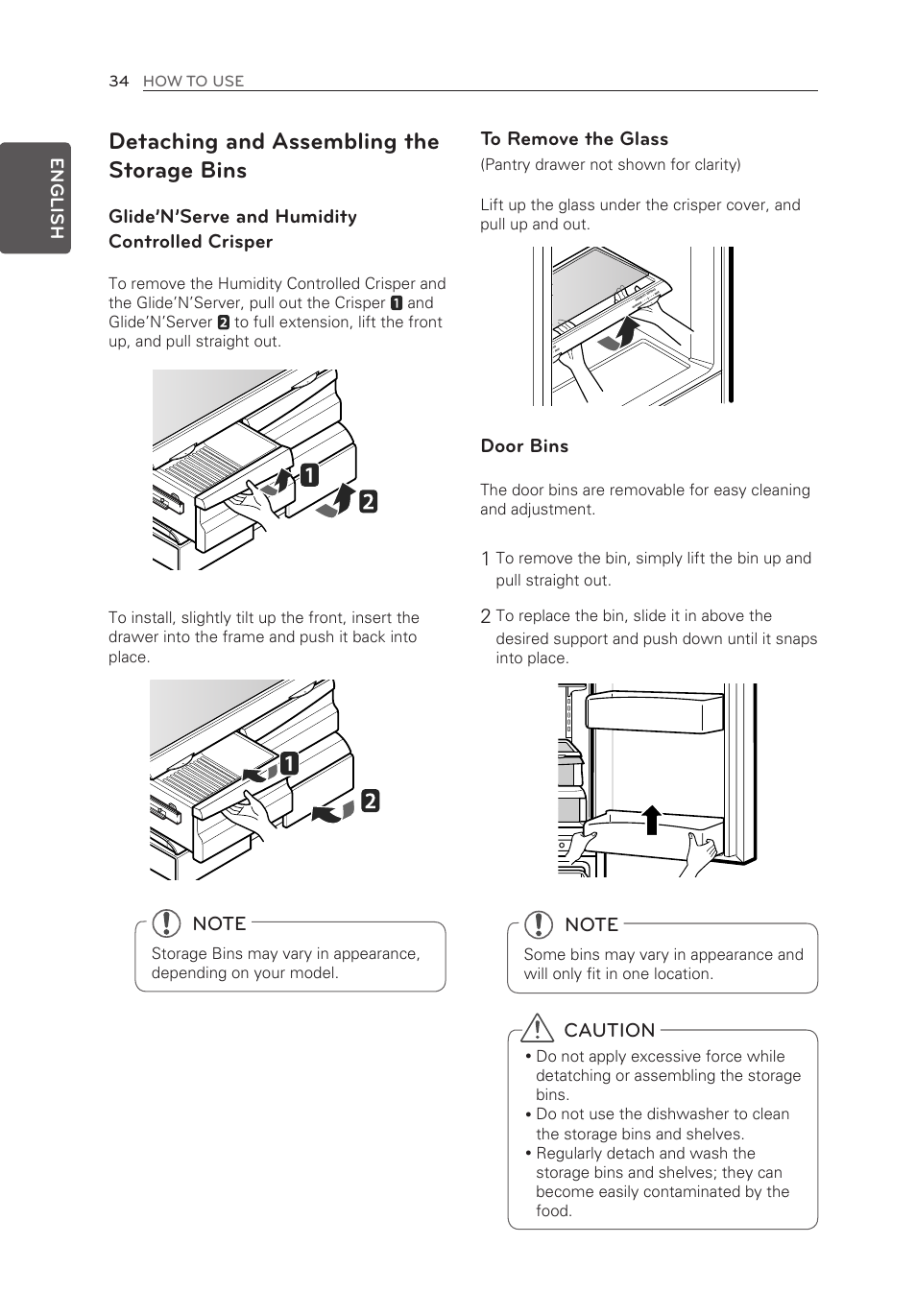 Detaching and assembling the storage bins | LG LFX25973ST User Manual | Page 34 / 172