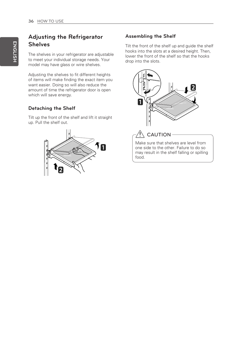 Adjusting the refrigerator shelves | LG LFX25973ST User Manual | Page 36 / 172