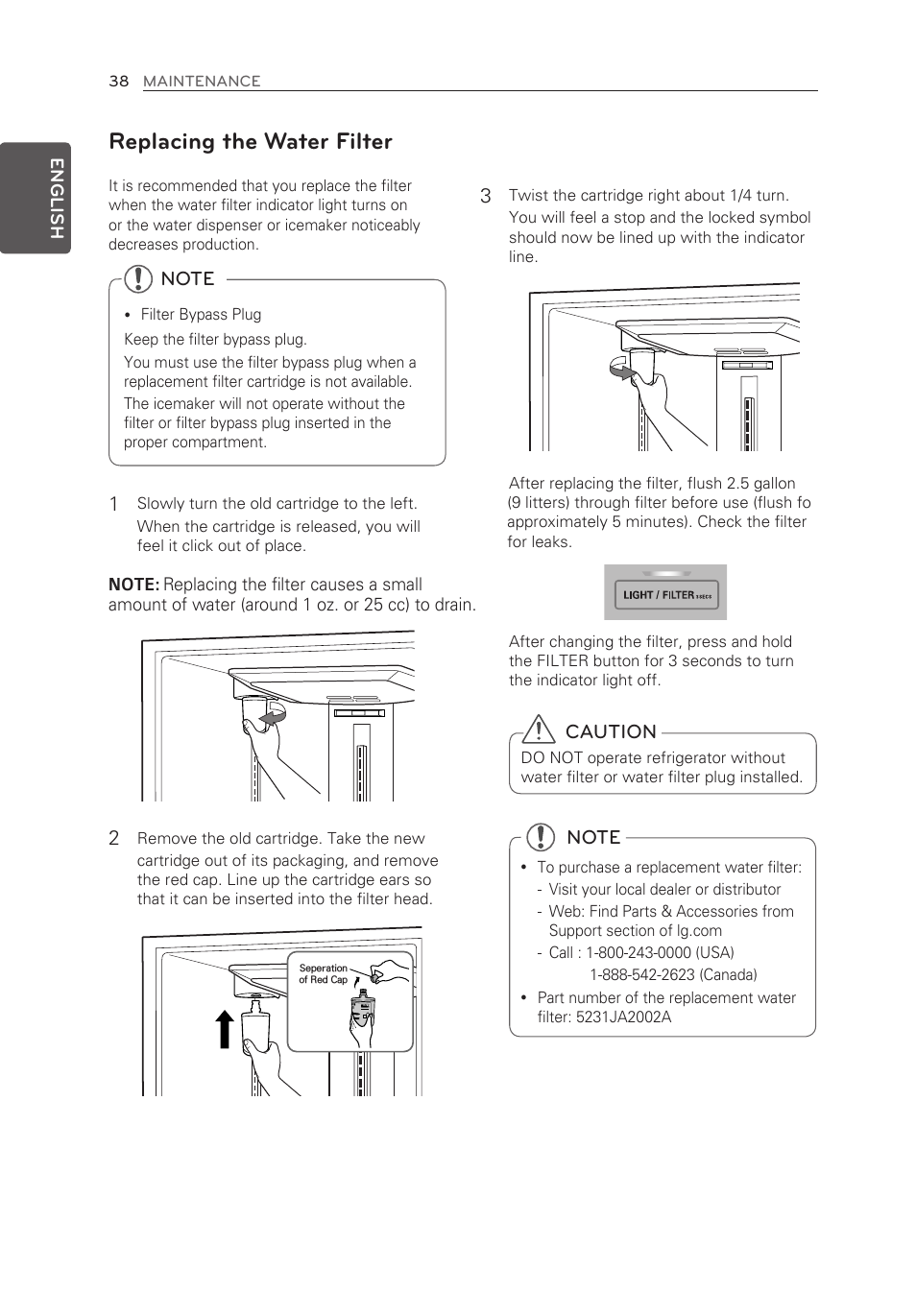 Replacing the water filter, Caution | LG LFX25973ST User Manual | Page 38 / 172