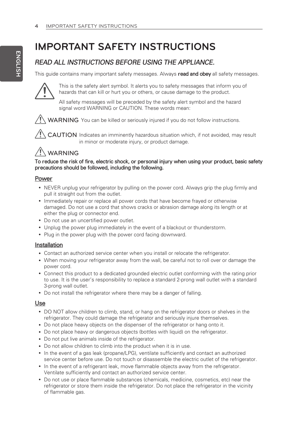 Important safety instructions, Read all instructions before using the appliance, Warning | Caution | LG LFX25973ST User Manual | Page 4 / 172