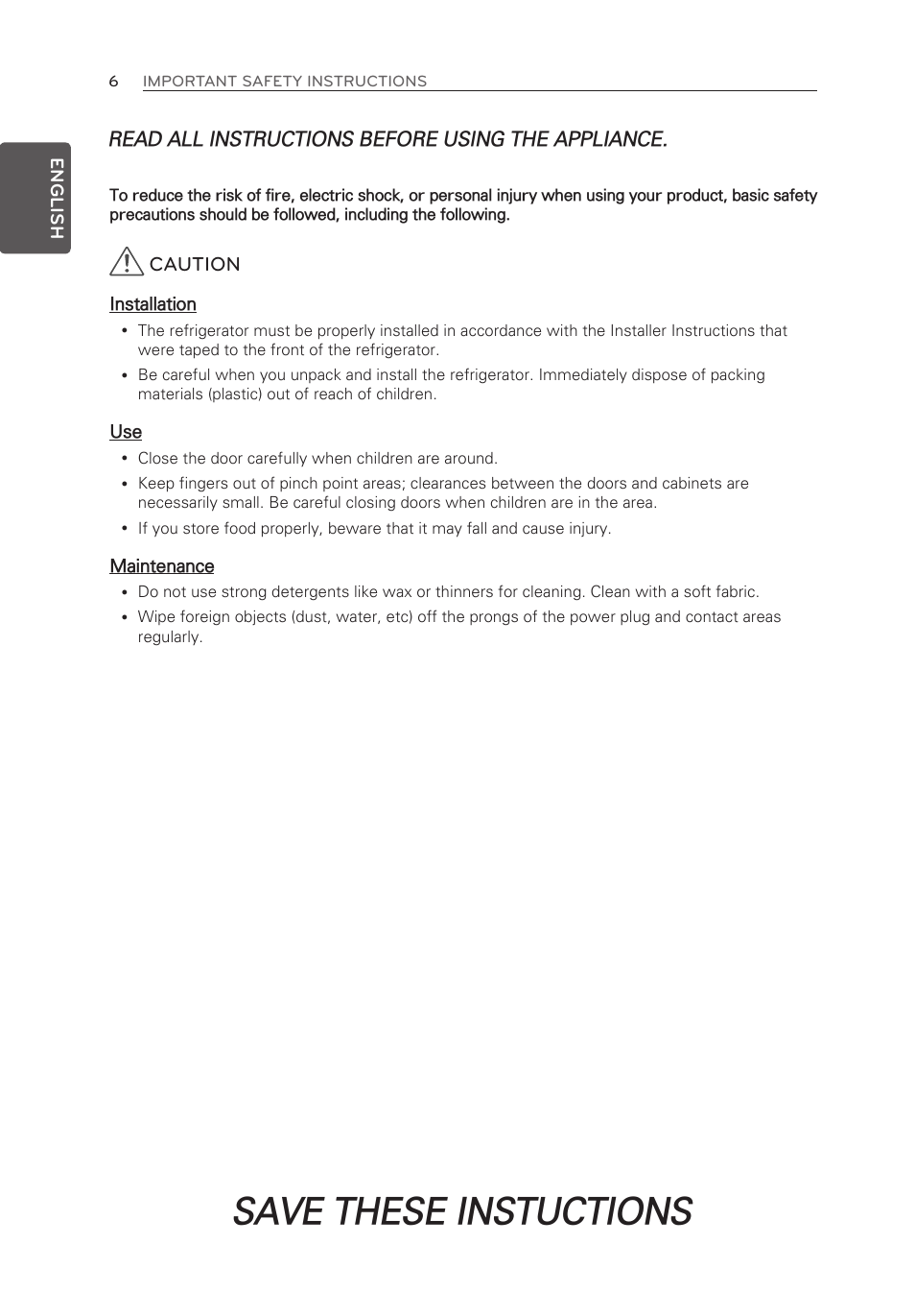 Save these instuctions, Caution, Read all instructions before using the appliance | LG LFX25973ST User Manual | Page 6 / 172