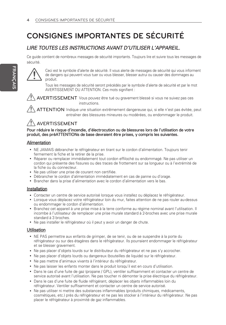 Consignes importantes de sécurité, Avertissement, Attention | LG LFX25973ST User Manual | Page 60 / 172