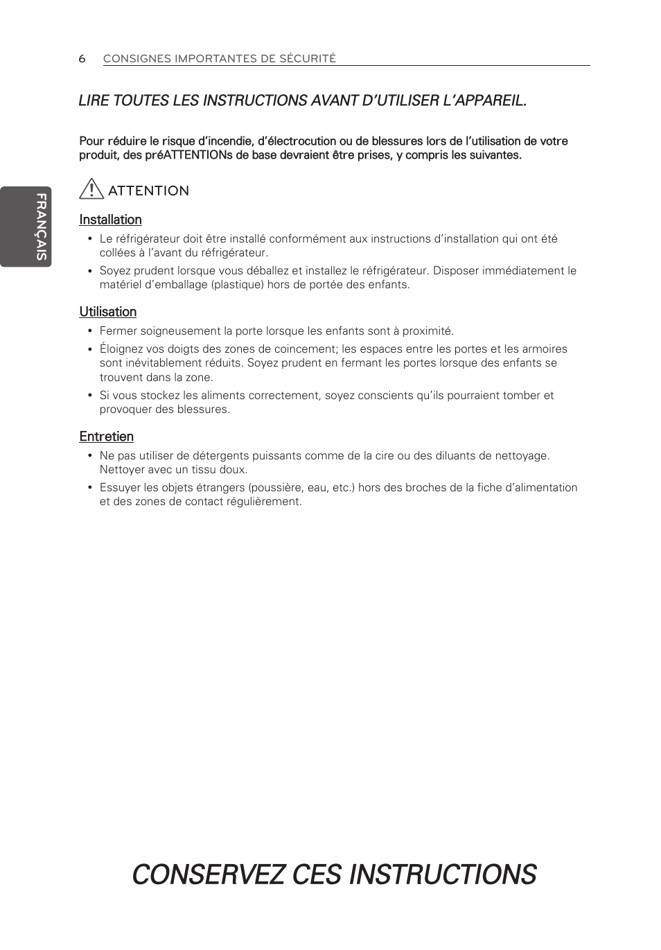 Conservez ces instructions, Attention | LG LFX25973ST User Manual | Page 62 / 172