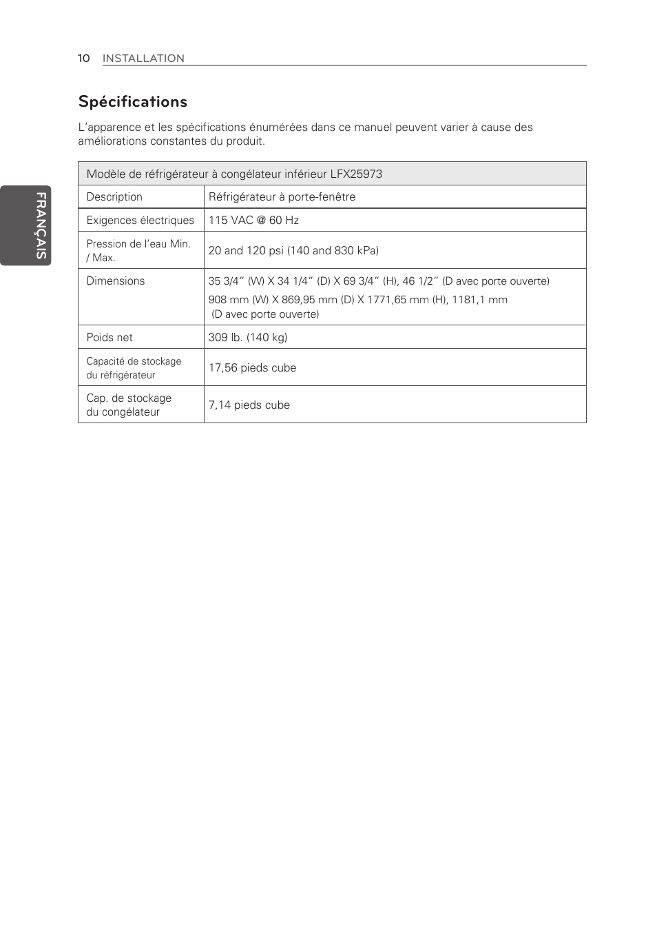 Spécifications | LG LFX25973ST User Manual | Page 66 / 172