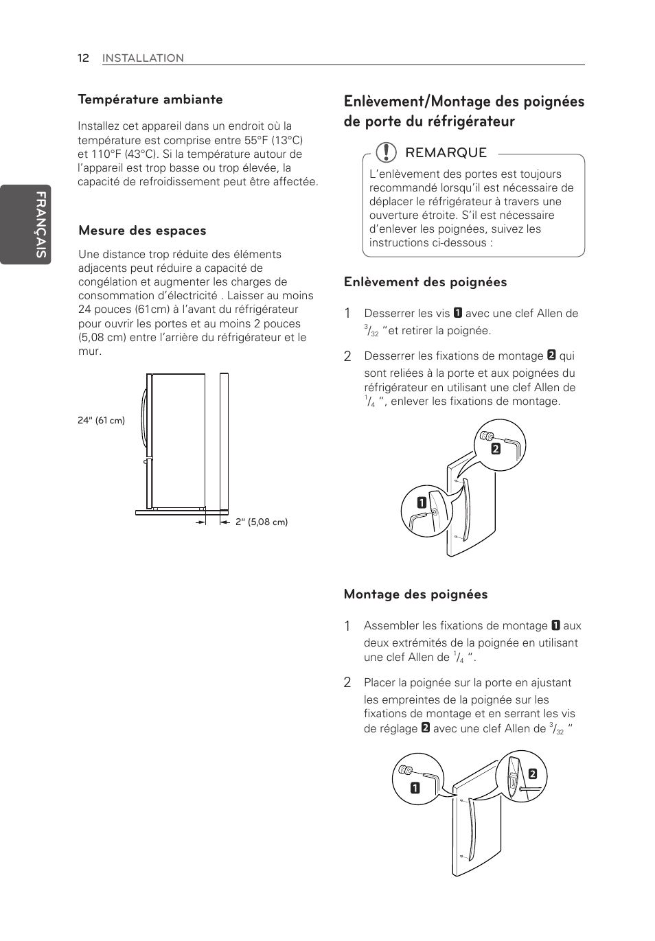 Température ambiante, Mesure des espaces, Enlèvement des poignées 1 | Montage des poignées 1, Remarque | LG LFX25973ST User Manual | Page 68 / 172