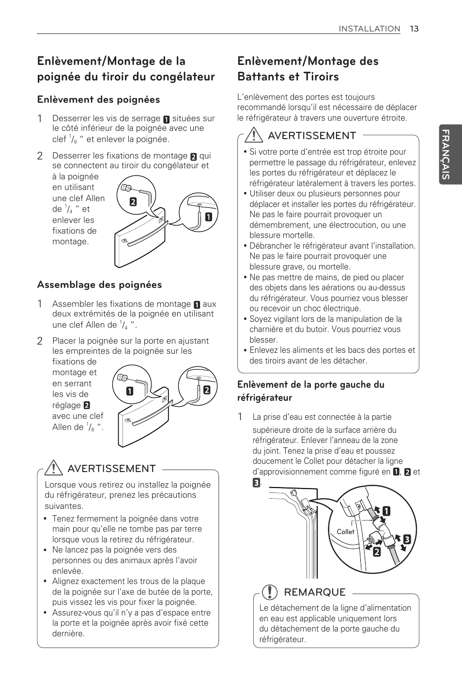 Enlèvement/montage des battants et tiroirs, Enlèvement des poignées 1, Assemblage des poignées 1 | Enlèvement de la porte gauche du réfrigérateur 1, Remarque, Avertissement | LG LFX25973ST User Manual | Page 69 / 172