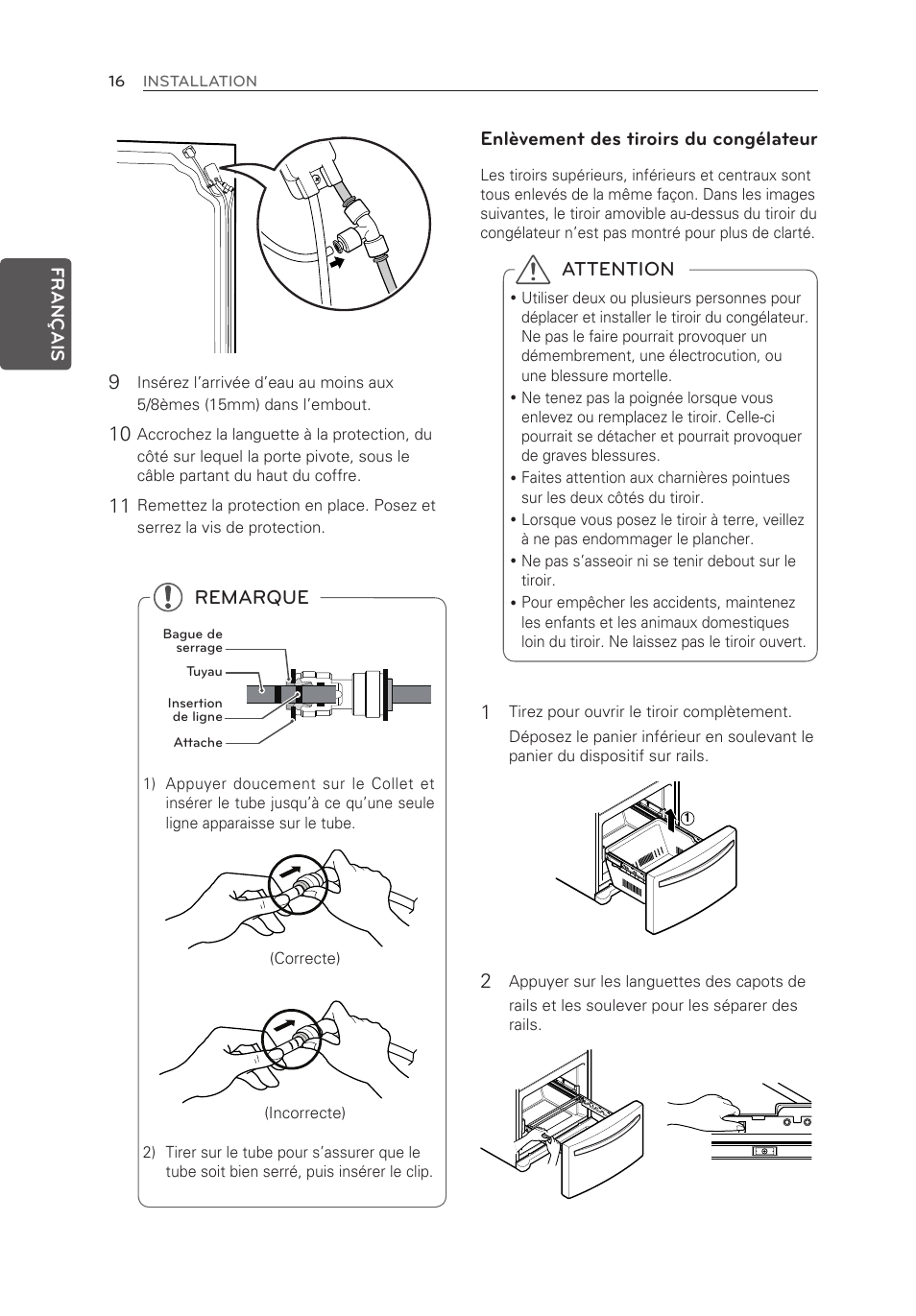 Attention, Remarque, Enlèvement des tiroirs du congélateur | LG LFX25973ST User Manual | Page 72 / 172