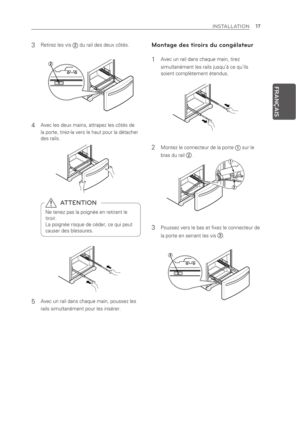 Attention, Montage des tiroirs du congélateur 1 | LG LFX25973ST User Manual | Page 73 / 172