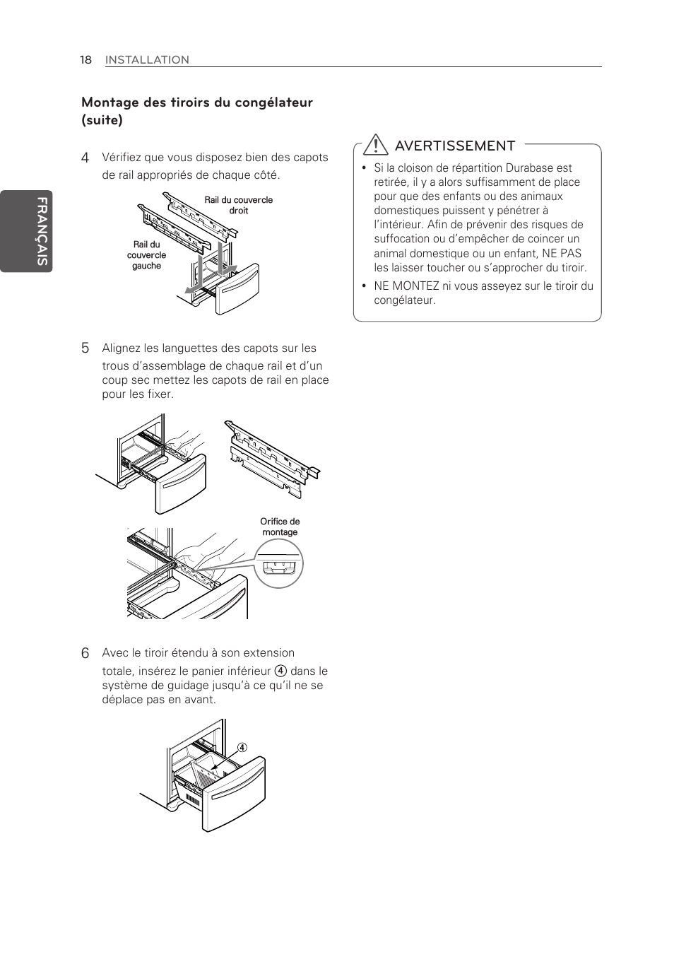 Montage des tiroirs du congélateur (suite) 4, Avertissement | LG LFX25973ST User Manual | Page 74 / 172