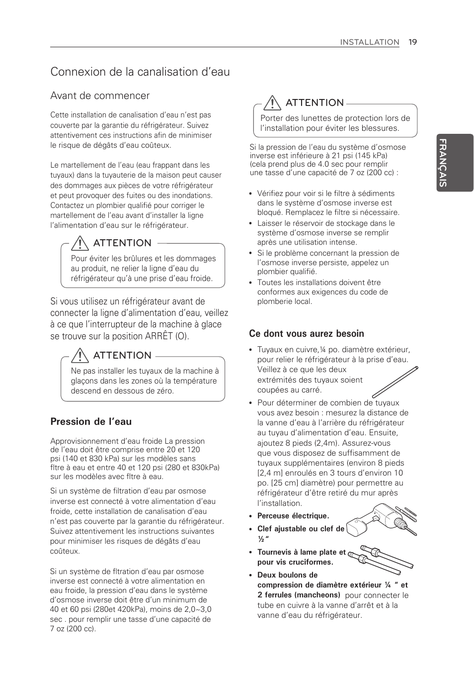 Connexion de la canalisation d’eau, Attention, Avant de commencer | Pression de l’eau, Ce dont vous aurez besoin | LG LFX25973ST User Manual | Page 75 / 172