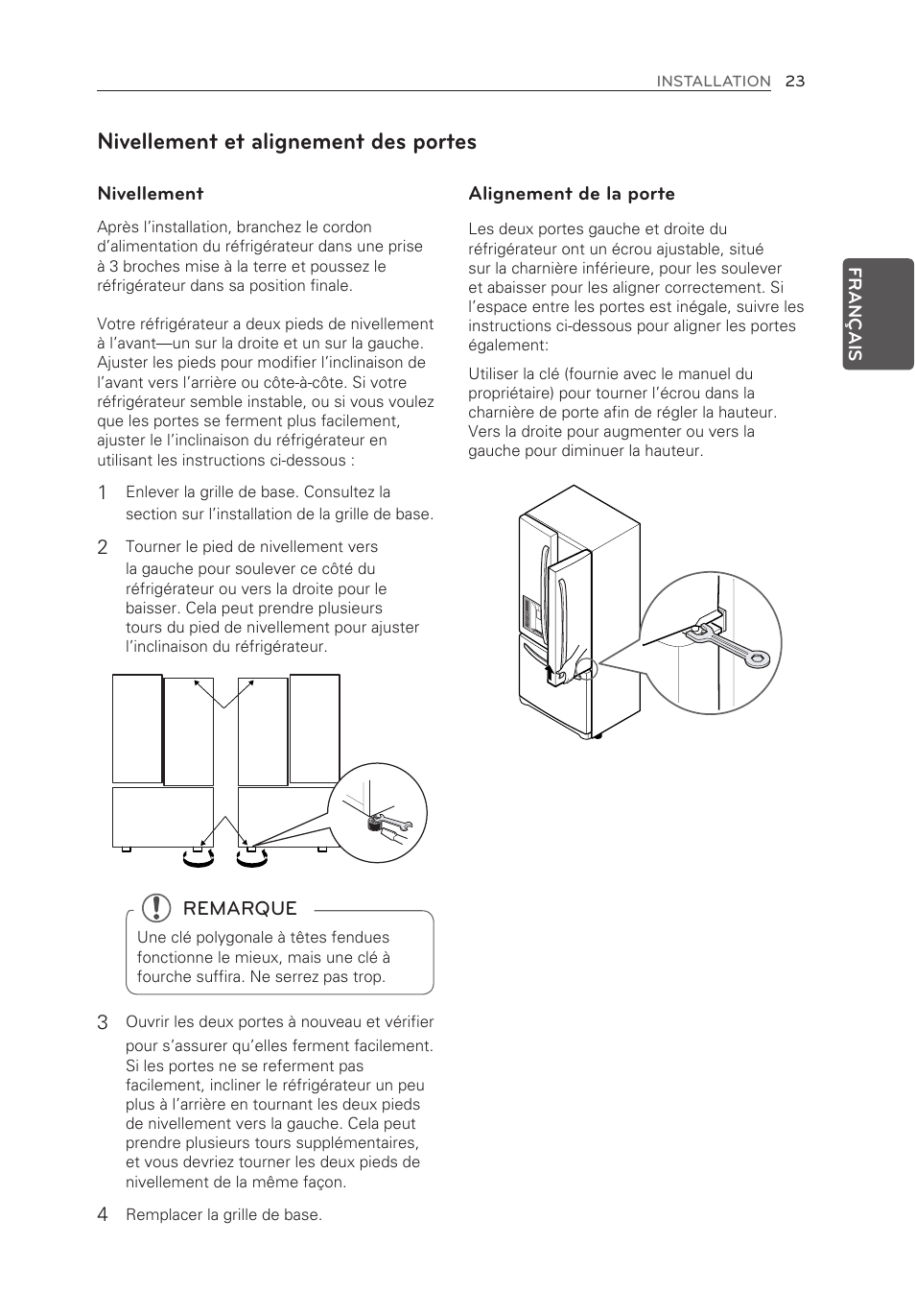 Nivellement et alignement des portes | LG LFX25973ST User Manual | Page 79 / 172