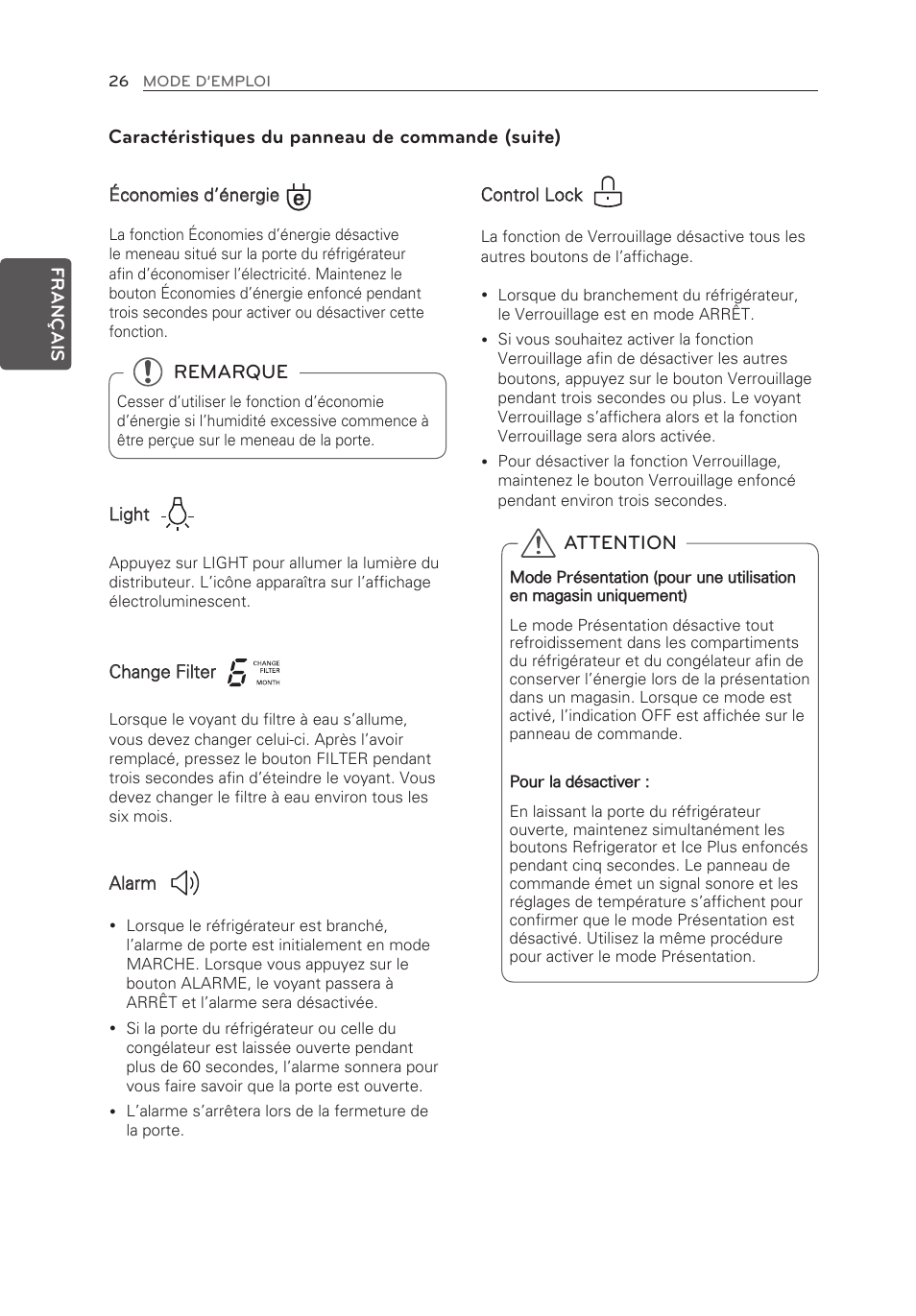 Caractéristiques du panneau de commande (suite), Attention, Remarque | LG LFX25973ST User Manual | Page 82 / 172