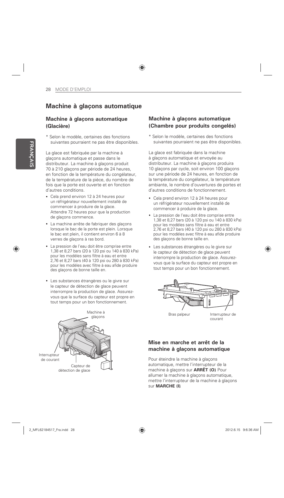 Machine à glaçons automatique, Machine à glaçons automatique (glacière) | LG LFX25973ST User Manual | Page 84 / 172