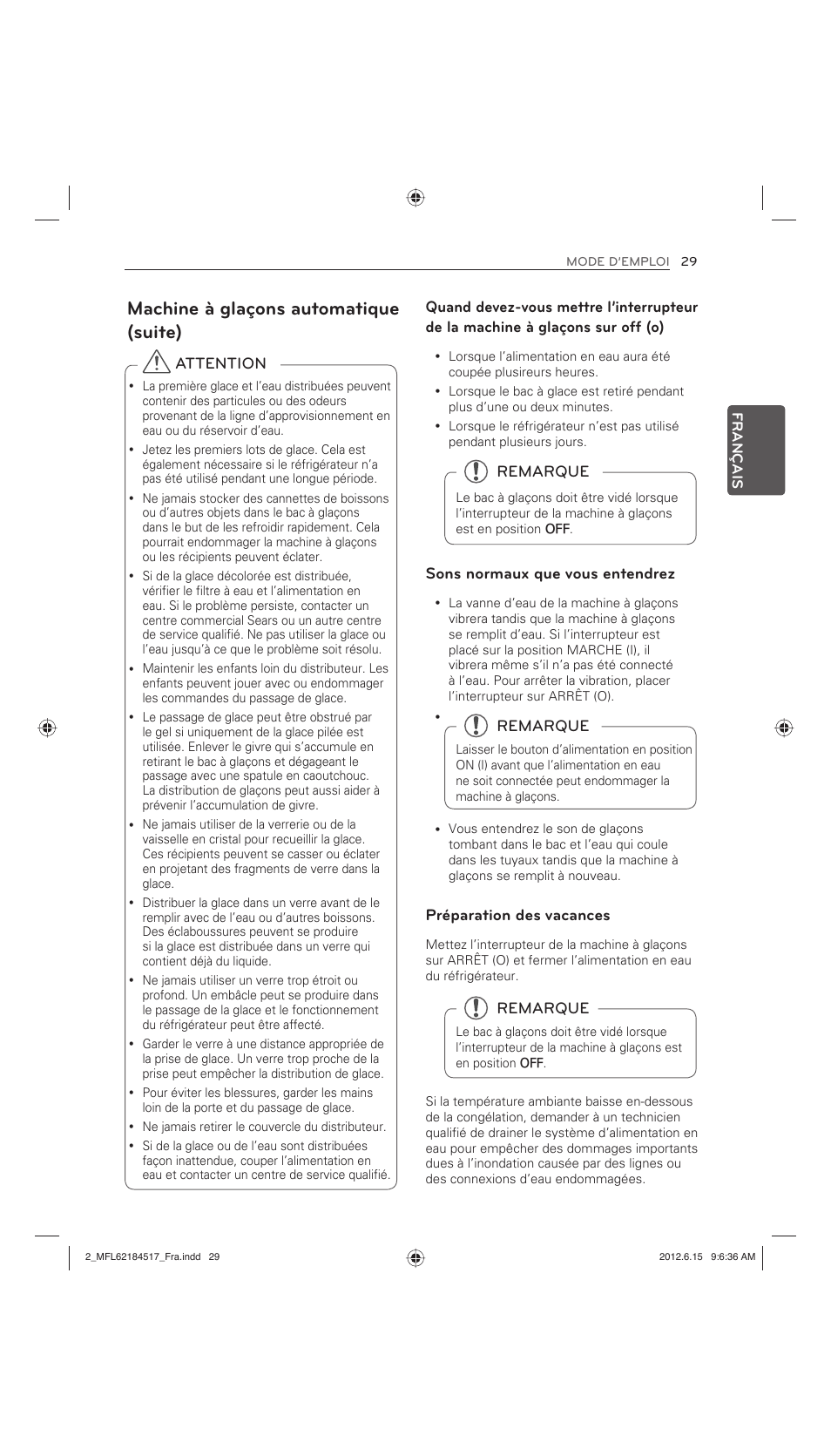 Machine à glaçons automatique (suite), Sons normaux que vous entendrez, Préparation des vacances | Remarque | LG LFX25973ST User Manual | Page 85 / 172