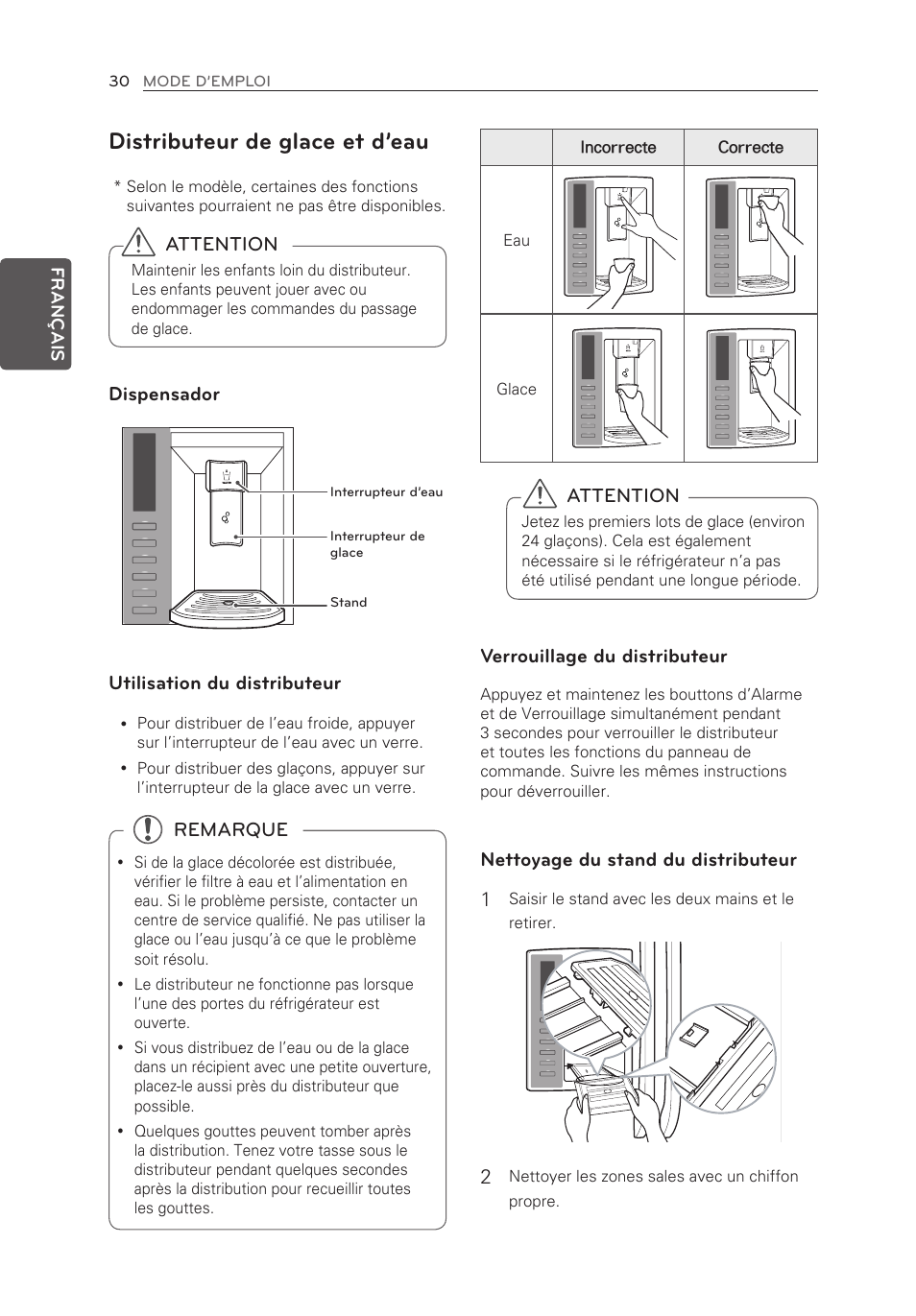 Distributeur de glace et d’eau, Attention, Dispensador utilisation du distributeur | Remarque, Verrouillage du distributeur, Nettoyage du stand du distributeur 1 | LG LFX25973ST User Manual | Page 86 / 172