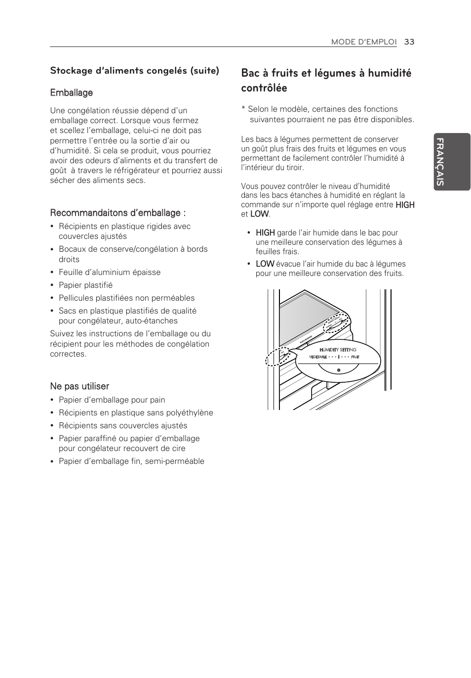 Bac à fruits et légumes à humidité contrôlée, Stockage d’aliments congelés (suite) | LG LFX25973ST User Manual | Page 89 / 172