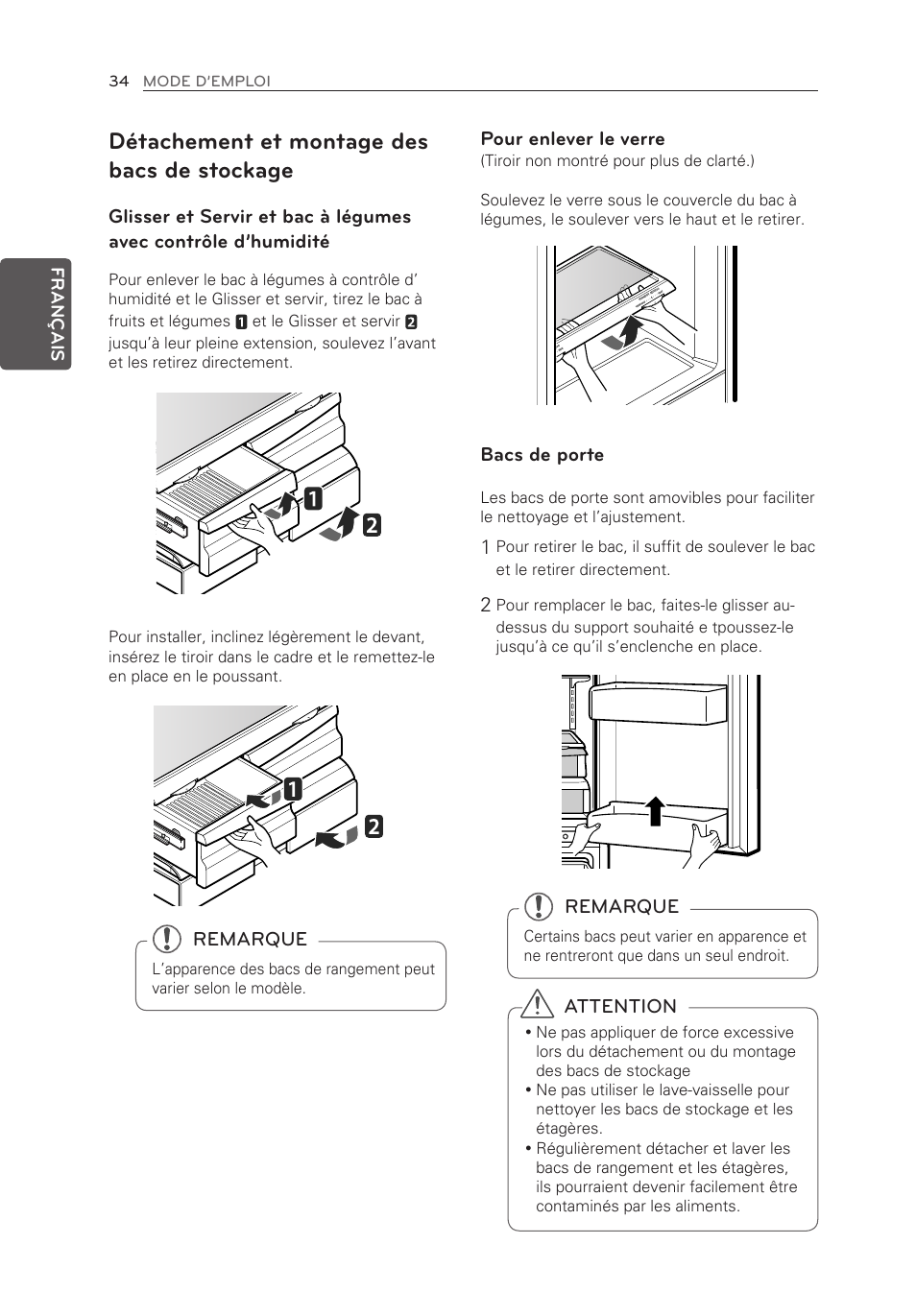 Détachement et montage des bacs de stockage, Pour enlever le verre, Bacs de porte | Remarque, Attention | LG LFX25973ST User Manual | Page 90 / 172