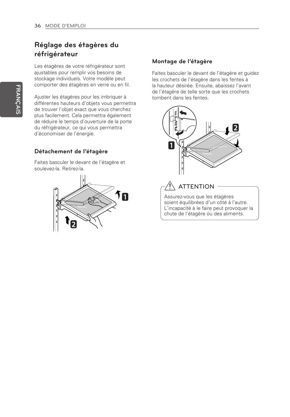 Réglage des étagères du réfrigérateur | LG LFX25973ST User Manual | Page 92 / 172