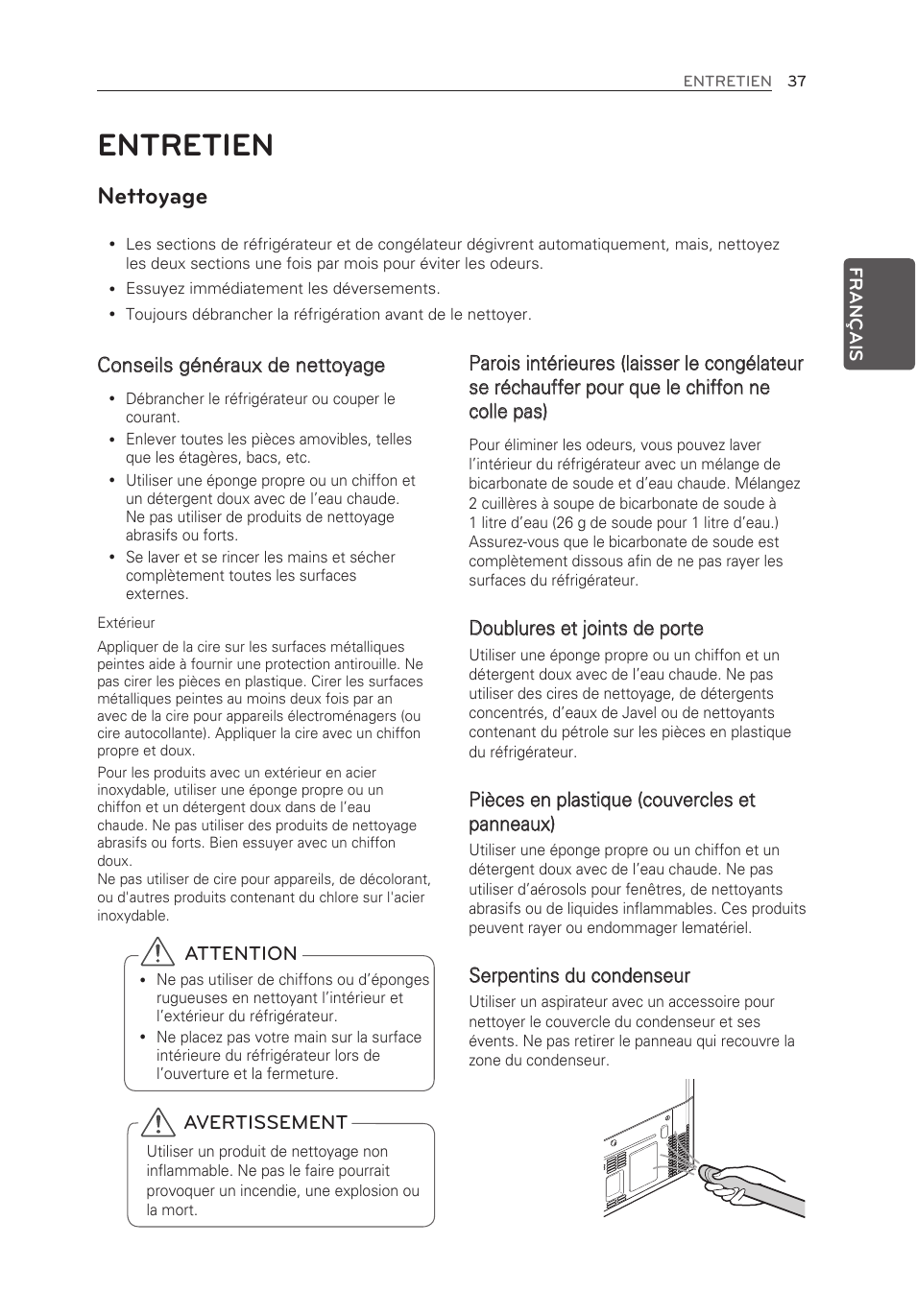 Entretien, Nettoyage, Conseils généraux de nettoyage | Doublures et joints de porte, Serpentins du condenseur, Attention, Avertissement | LG LFX25973ST User Manual | Page 93 / 172