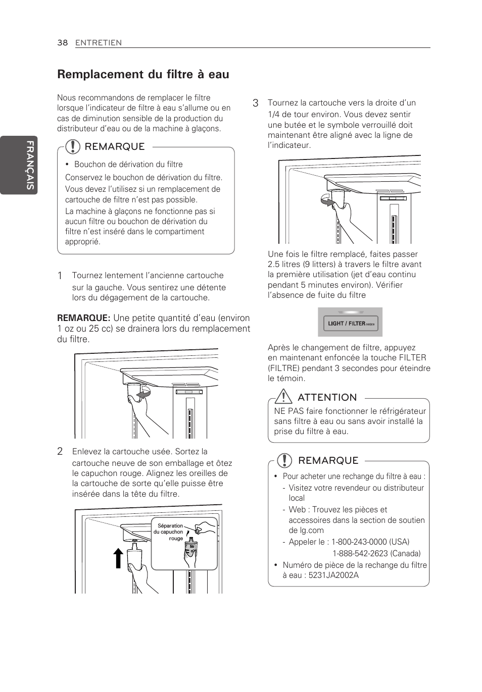 Remplacement du filtre à eau, Attention, Remarque | LG LFX25973ST User Manual | Page 94 / 172