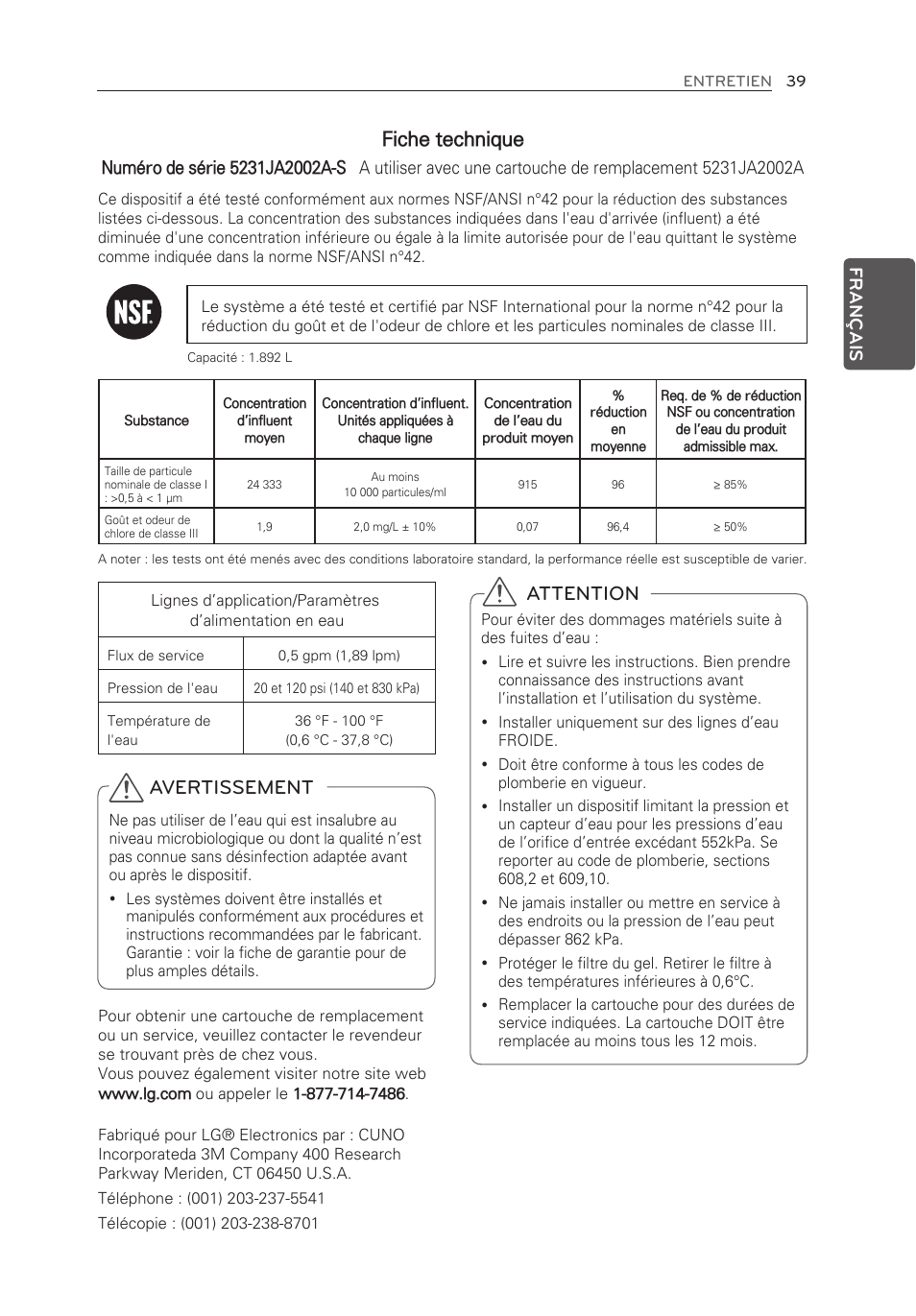 Fiche technique, Attention, Avertissement | Français | LG LFX25973ST User Manual | Page 95 / 172