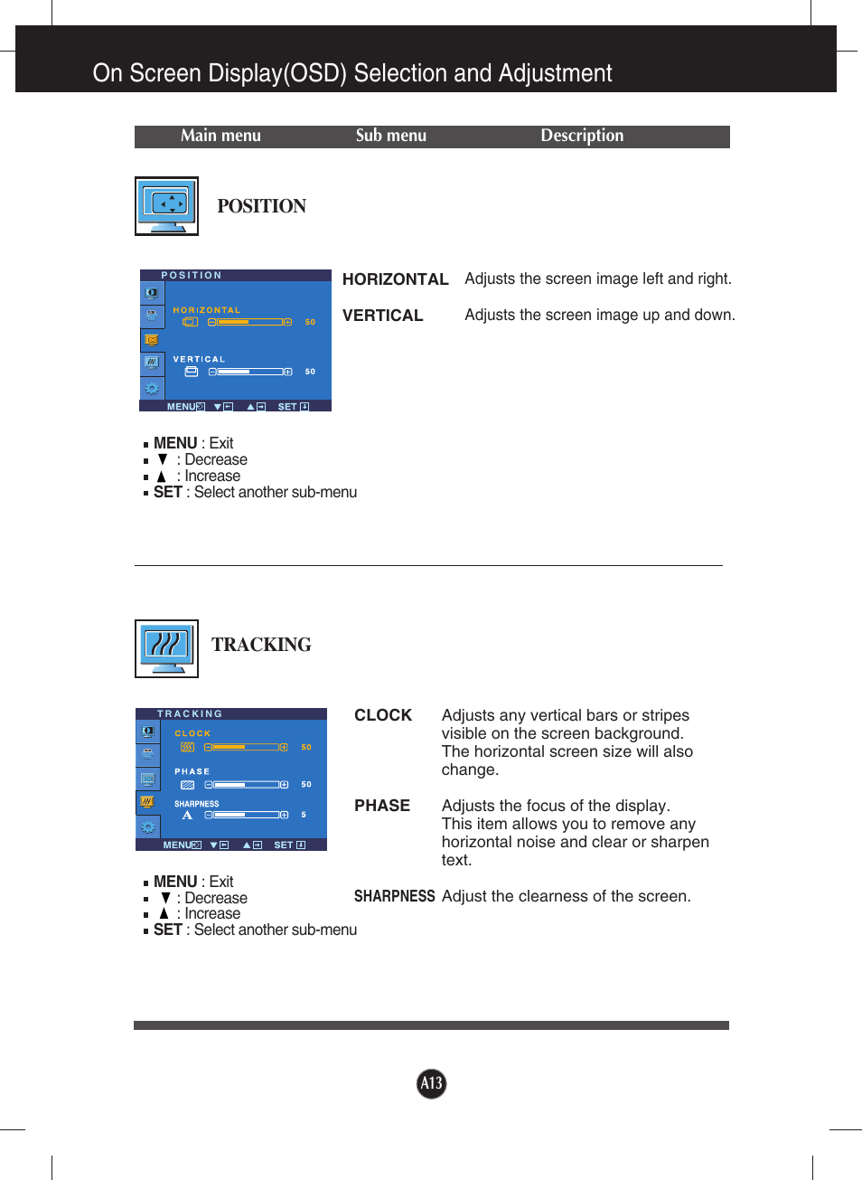 Position, Tracking, On screen display(osd) selection and adjustment | LG W2234S-BN User Manual | Page 14 / 24