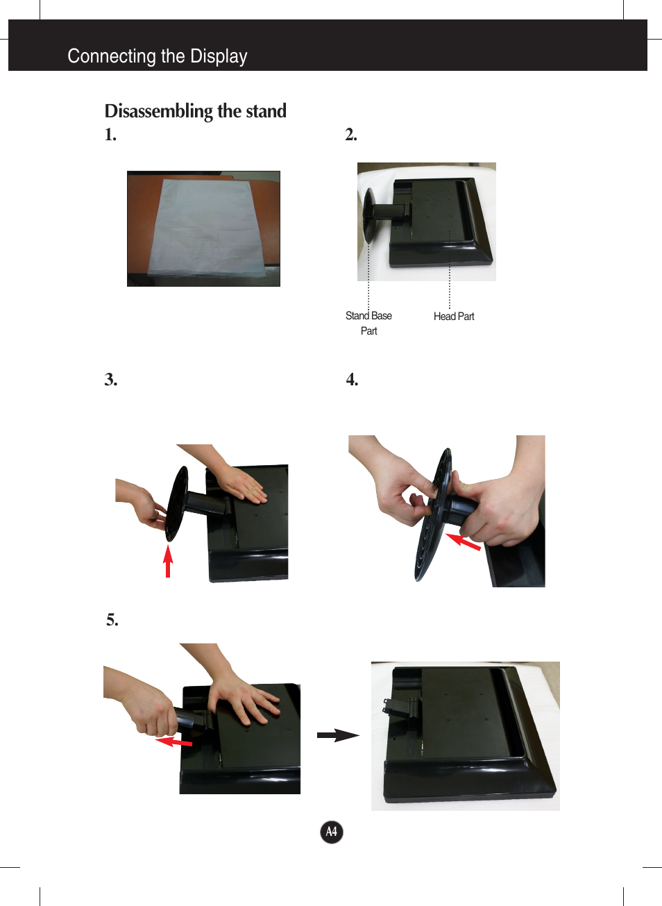 Disassembling the stand, Connecting the display disassembling the stand | LG W2234S-BN User Manual | Page 5 / 24