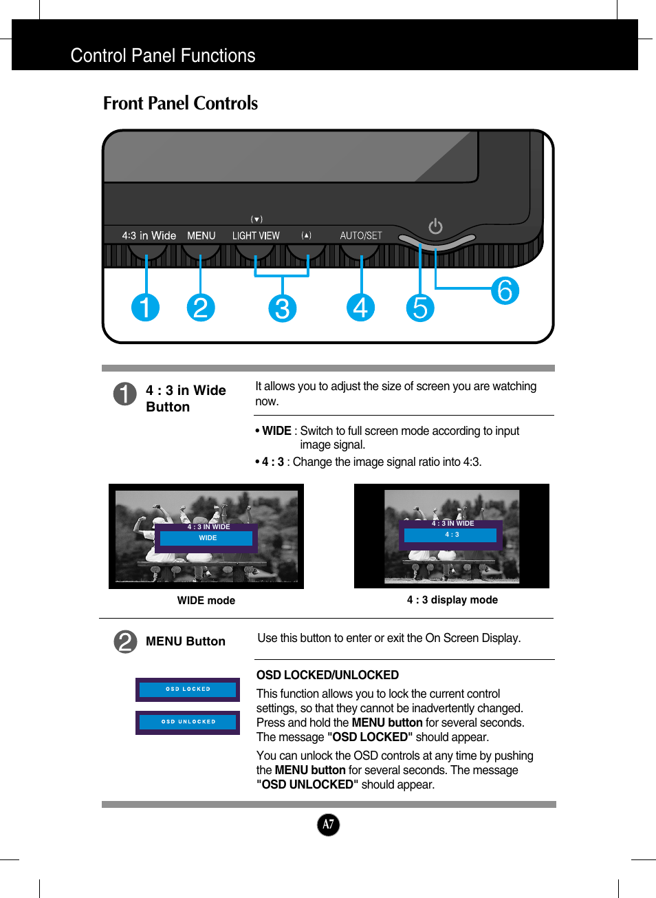 Control panel functions, Front panel controls | LG W2234S-BN User Manual | Page 8 / 24
