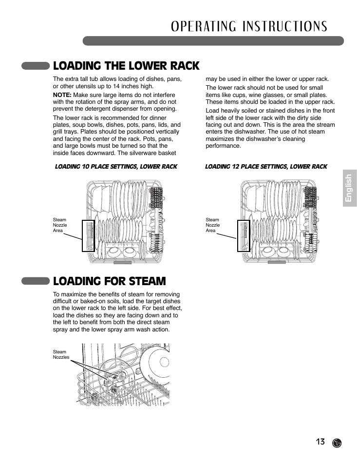 Loading the lower rack, Loading for steam | LG LDF7932WW User Manual | Page 13 / 72
