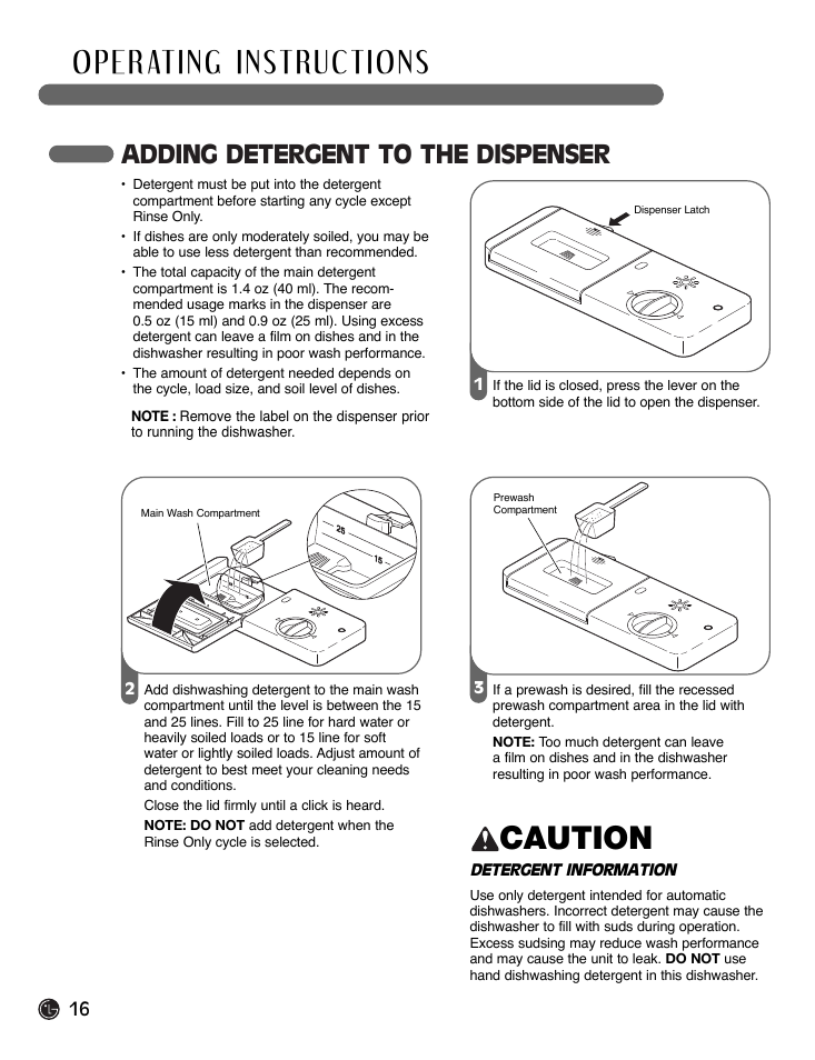 Caution, Adding detergent to the dispenser | LG LDF7932WW User Manual | Page 16 / 72