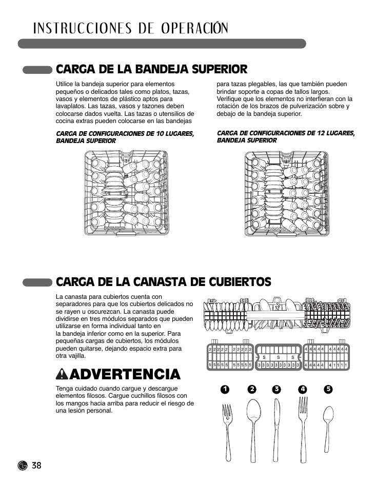 Advertencia, Carga de la canasta de cubiertos, Carga de la bandeja superior | LG LDF7932WW User Manual | Page 38 / 72