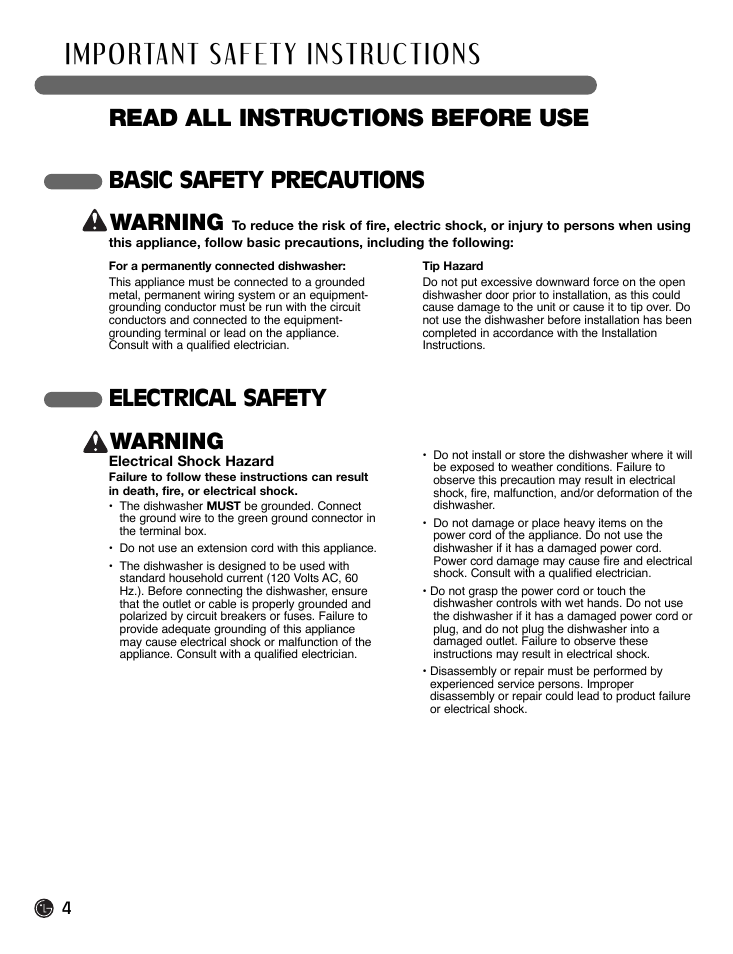 Read all instructions before use, Basic safety precautions warning, Electrical safety warning | LG LDF7932WW User Manual | Page 4 / 72
